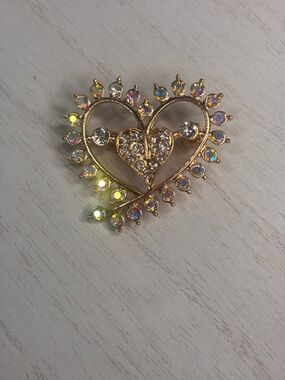 Gold Heart Crystal Brooch - Sparkling Aurora Rhinestones Vintage Inspired